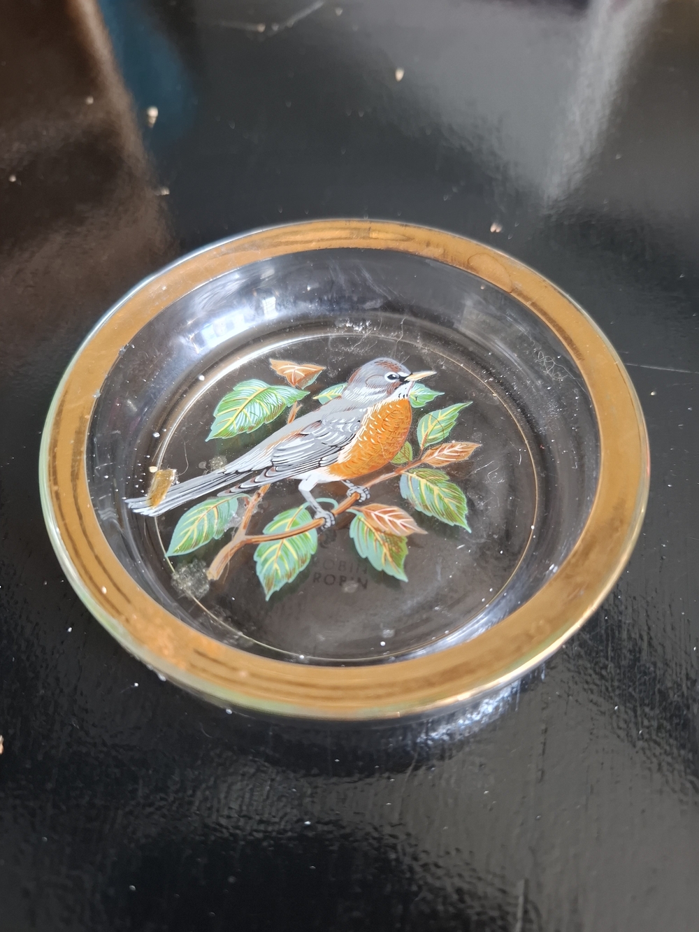 Hand-Painted Glass Bird Trinket Dish with Gold Rim - Orange & Green